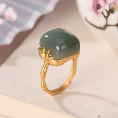 Women's Fashion Sterling Silver Gold Plated Hetian Jade Ring