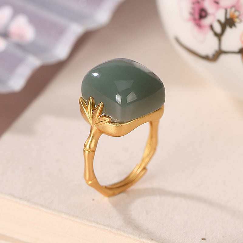 Women's Fashion Sterling Silver Gold Plated Hetian Jade Ring