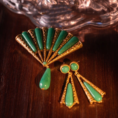 Medieval Retro Grandmother Green Stone Fan-shaped Brooch 925 Stud Earrings Suit