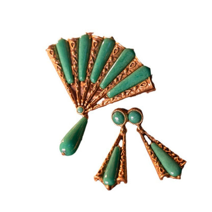 Medieval Retro Grandmother Green Stone Fan-shaped Brooch 925 Stud Earrings Suit