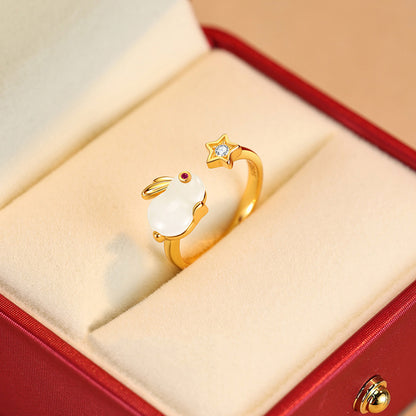 Trendy Simple Cute Animal Year Jade Hare Ring