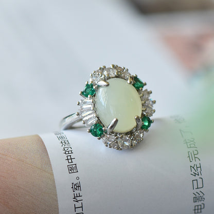 Women's Fashion 925 Inlaid White Jade Egg Surface Ring