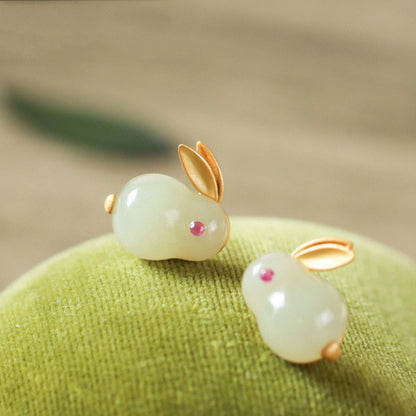 Imitation Natural Hetian Jade Ring Rabbit Earring Pendant