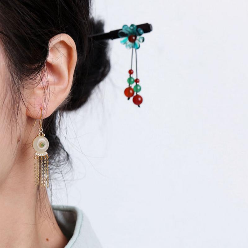 Women's Hetian Jade Ping An Buckle Tassel Earrings