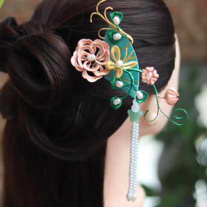 Wrapped Peony Hairpin Mandala Flower Pearl Tassel Step Shaking Hair