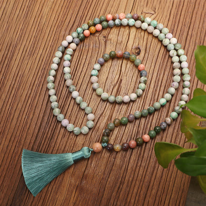 108 Natural Stone Long Tassel Necklace Indian Agate Necklace