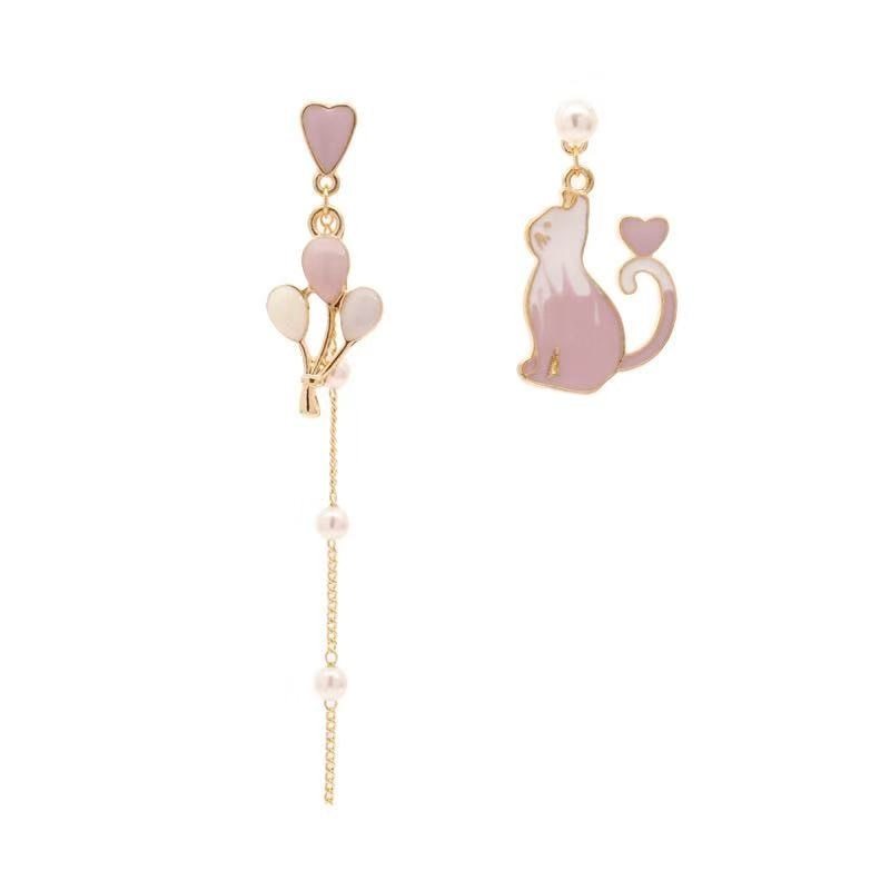 S925 Silver Needle Cute Cat Asymmetric Balloon Earrings Pearl Tassel Earrings