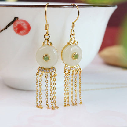 Women's Hetian Jade Ping An Buckle Tassel Earrings