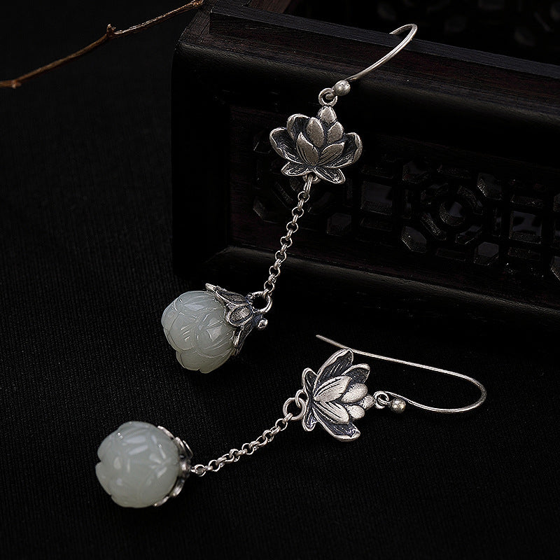 Retro Natural Hetian Jade White Jade Lotus Personality Women's Earrings