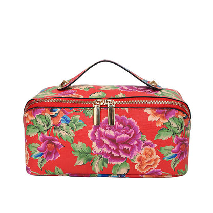 New Chinese style big red flower print cosmetic bag