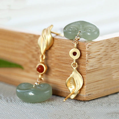 Gold-plated Inlaid Hetian Gray Jade Earrings Personality Southern Red