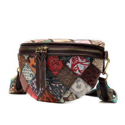 Leather ethnic stitching crossbody bag