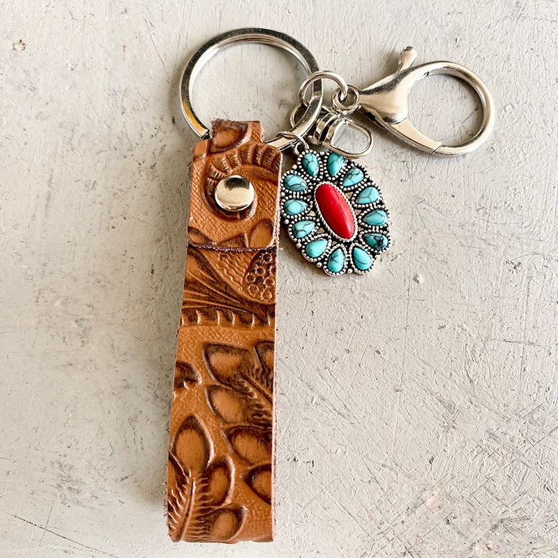 Retro Embossing Cowhide Western Style Turquoise Keychain