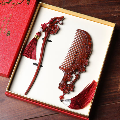 Rosewood Peach Blossom Drunk Hair Wooden Comb Hairpin Gift Set