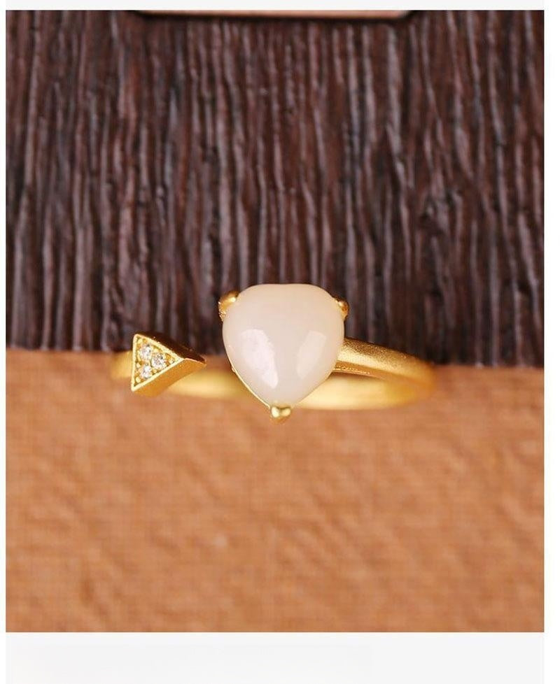 Fresh Hetian Jade Heart-shaped Open Ring Female Minimalist Design White Jade