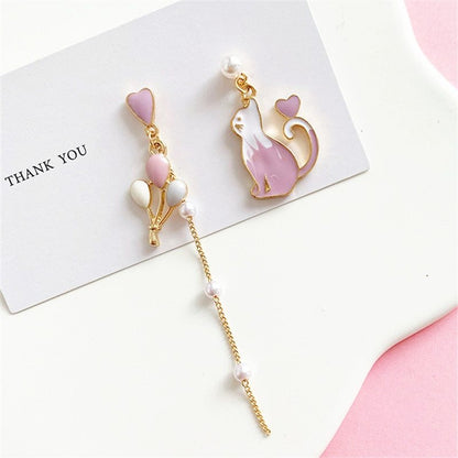 S925 Silver Needle Cute Cat Asymmetric Balloon Earrings Pearl Tassel Earrings