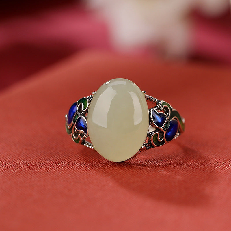 Hotan Jade Vintage Temperament Wind Egg Face Pattern Hollow Out Ring