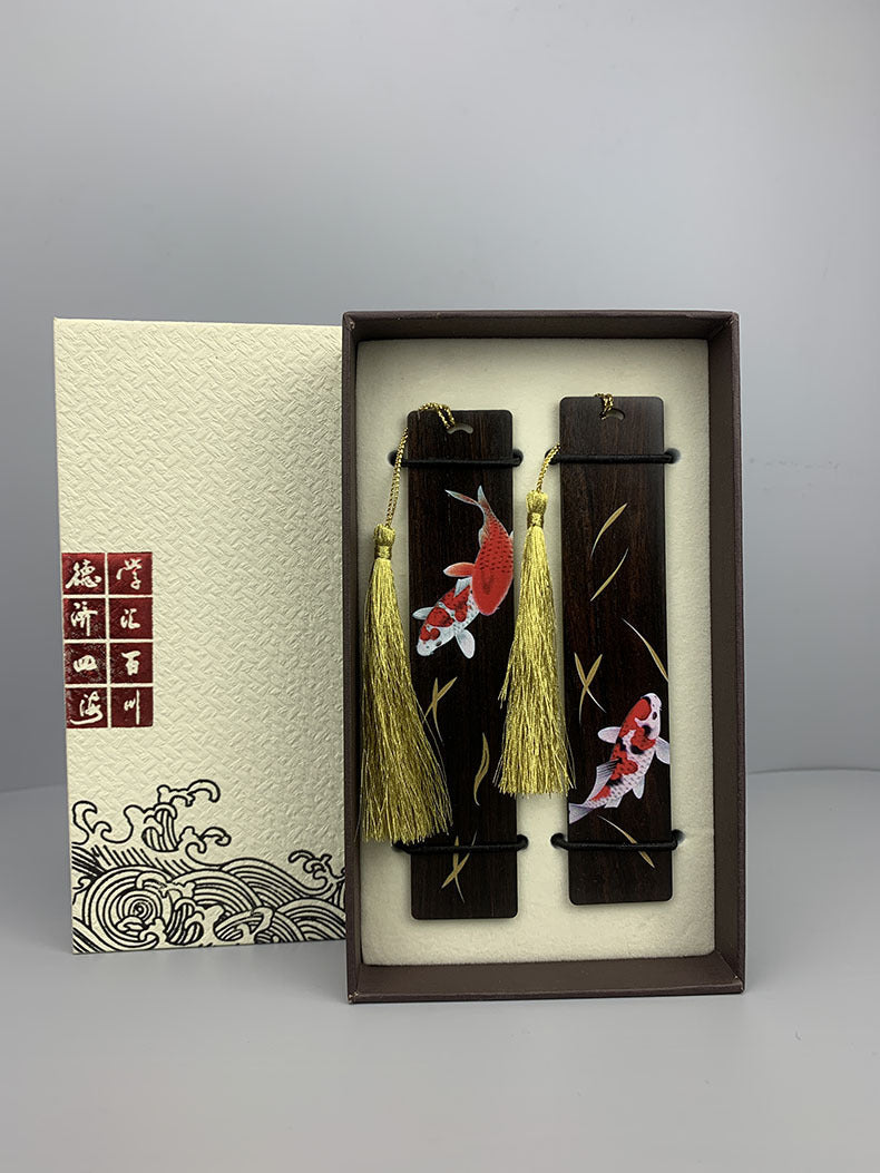 Chinese Style Painted Koi Mahogany Bookmark