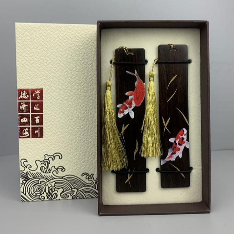 Chinese Style Painted Koi Tassel Sandalwood Rosewood Bookmark-6