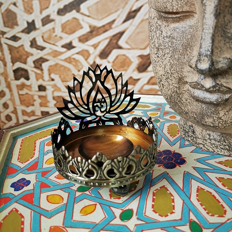 Artistic Openwork Carved Metal Buddha Lotus Shaped Butter Lamp Candle Holder