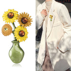 Vintage Sunflower Vase Brooch Fashion Crystal Enamel Pins Jewelry Accessories
