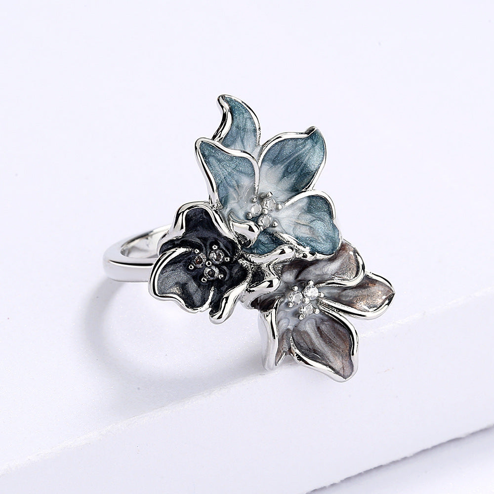 Simple Chinese Style Splash Ink Effect Epoxy Inlaid Zircon Retro Flower Ring For Women