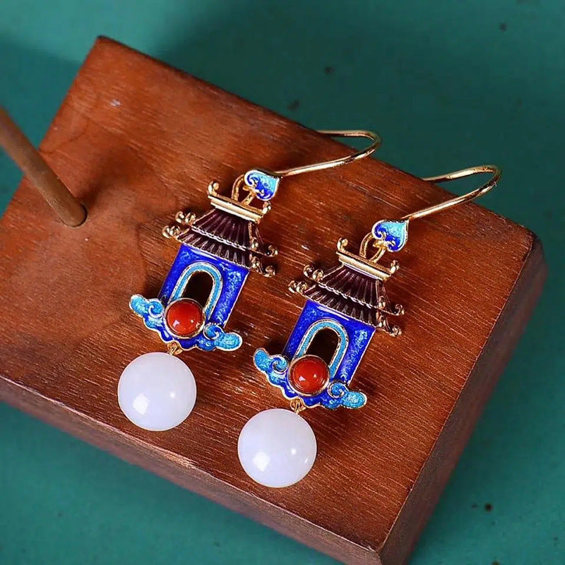 Palace Vintage Wind Hetian Jade Earrings Enamel Color