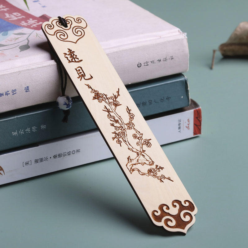 Four Gentlemen with Chinese Painting Solid Wood Engraving Bookmark