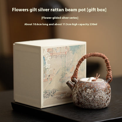 Old Rock Clay Flowers Silver Gilded Rattan Loop-handled Teapot Retro Domestic Teapot Single Teapot Kung Fu Tea Set