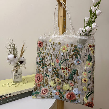 Embroidery Flower One Shoulder Portable Lace Tote Bag Artsy Ancient Style