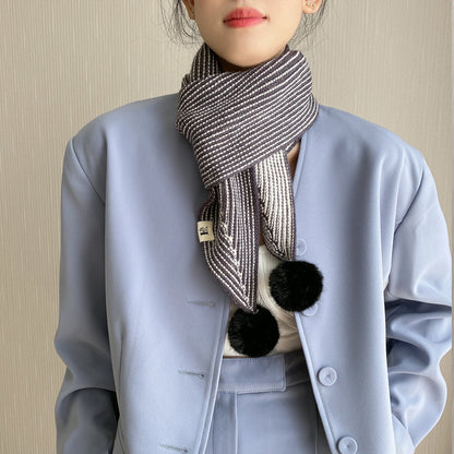 New Style Knitted Wool Ball Striped Scarf For Women