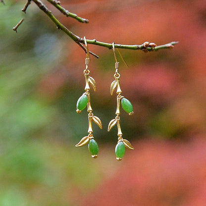 Natural Hetian Jade Green Jade Willow Leaf Earrings S925 Sterling Silver