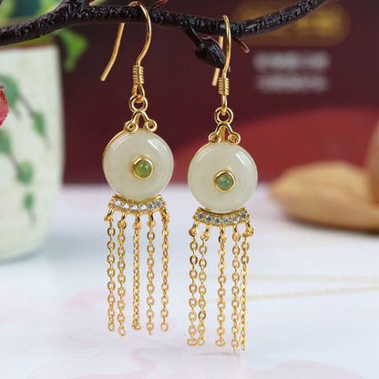 Women's Hetian Jade Ping An Buckle Tassel Earrings