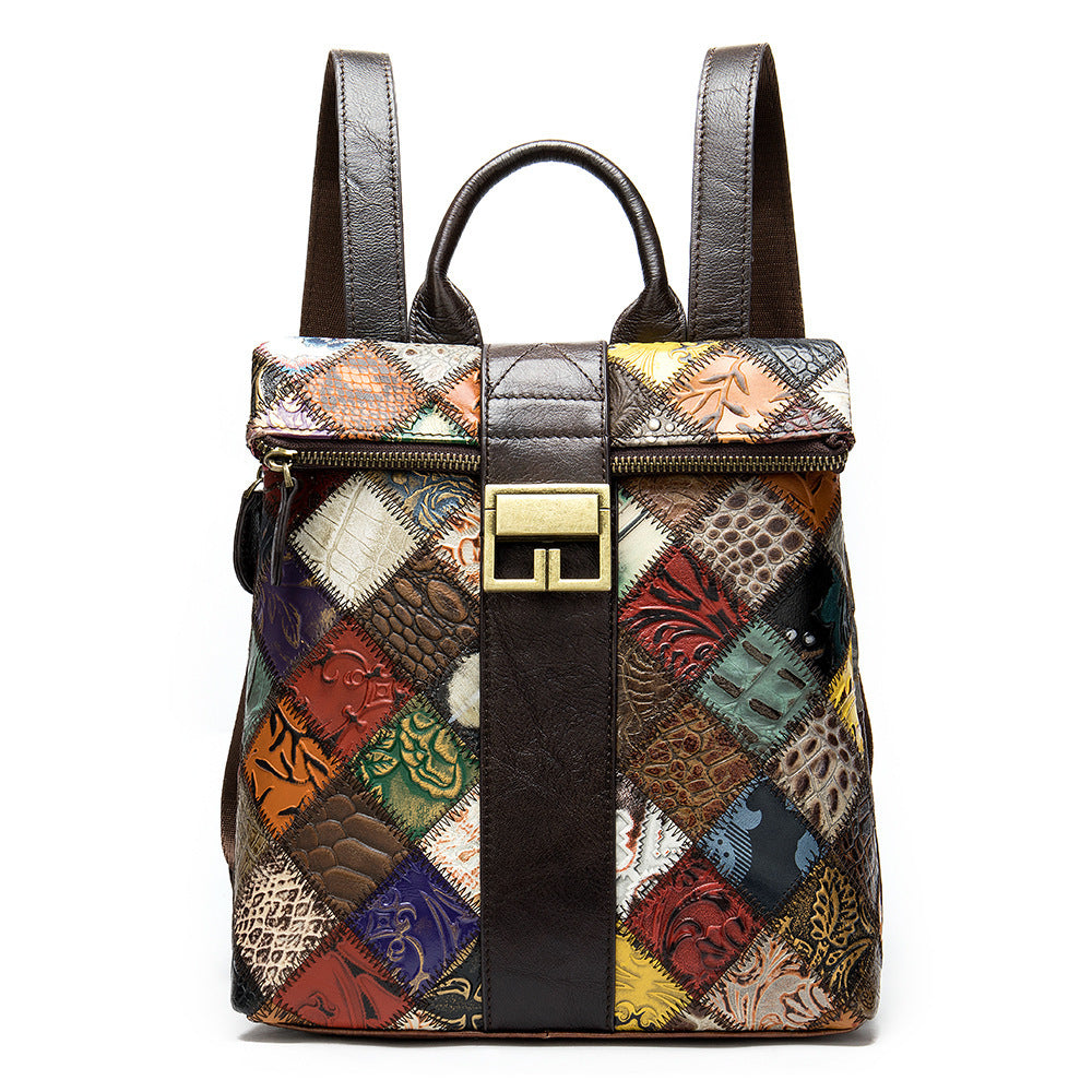 The First Layer Cowhide Ethnic Style Stitching Covered Backpack