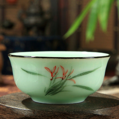 Green Hand-painted Azure Orchid Pu'er Teacups with Large Mouth-4