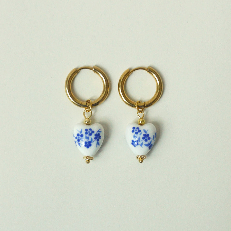 Chinese Style Heart-shaped Blue And White Porcelain Necklace Women's Elegant Wild Earrings