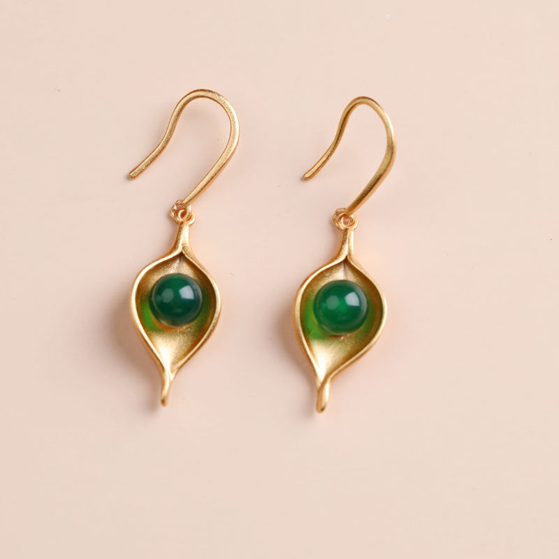 Chinese Female Temperamental Earrings Green Agate Retro