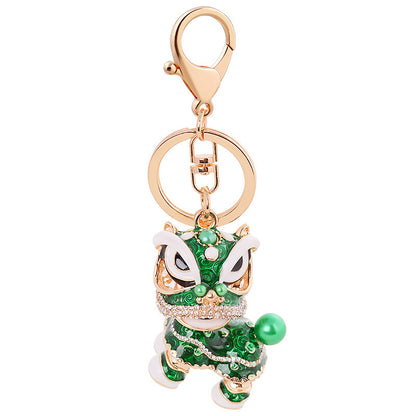 Chinese cute lion dance alloy keychain rotating lion dance car ornaments