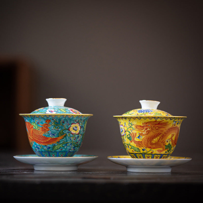 Enamel Ceramic Gaiwan Dragon And Phoenix Tea Cup