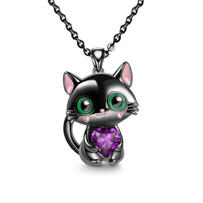 Black Cat Necklace Red Blue Purple White Heart Rhinestone Kitty Pendant Sweater Chain Necklaces