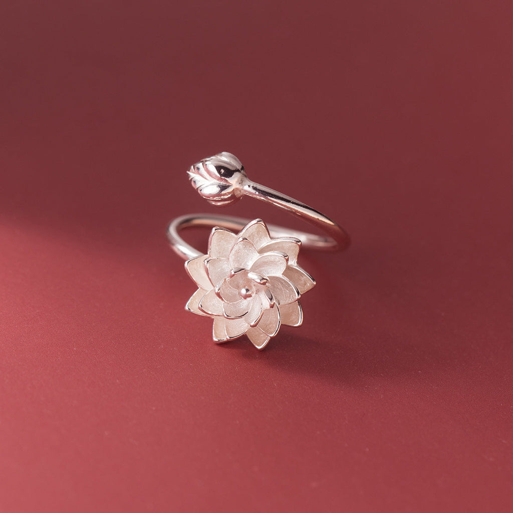 Chinese adjustable lotus ring with floral white copper finish