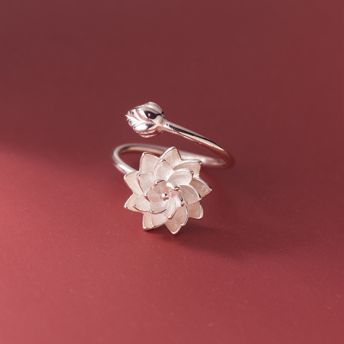 Chinese adjustable lotus ring with floral white copper finish