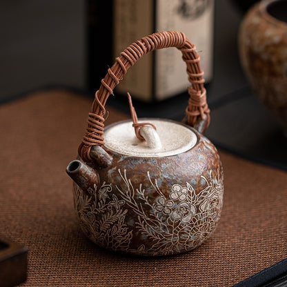 Old Rock Clay Flowers Silver Gilded Rattan Loop-handled Teapot Retro Domestic Teapot Single Teapot Kung Fu Tea Set