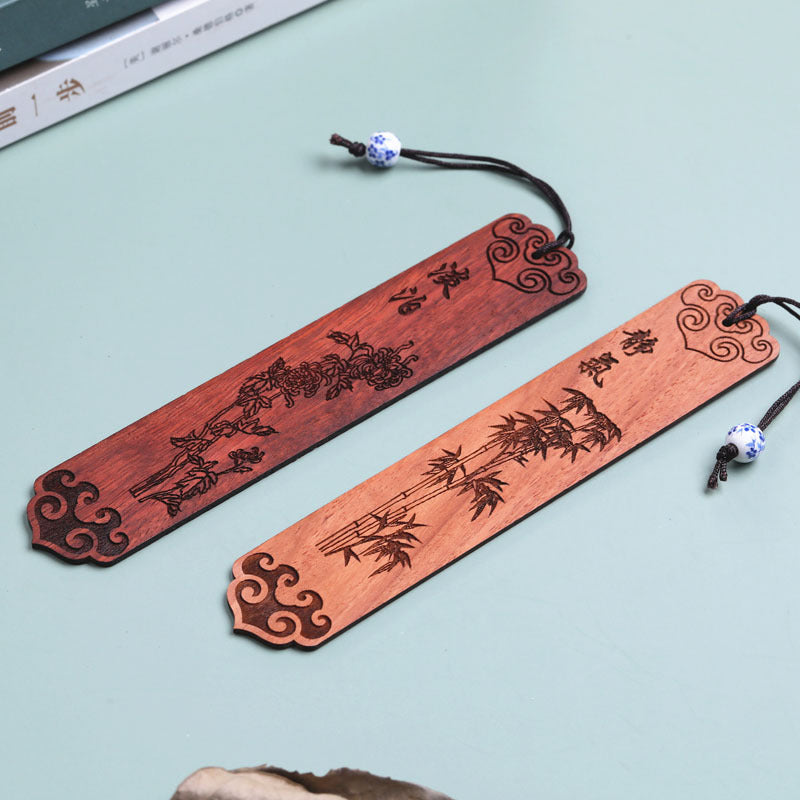 Four Gentlemen with Chinese Painting Solid Wood Engraving Bookmark
