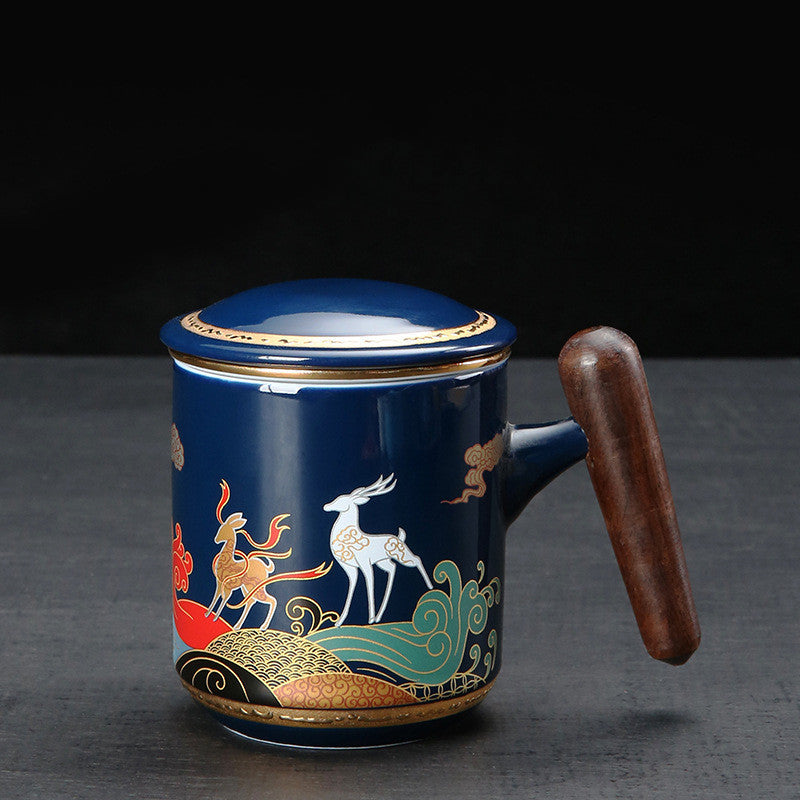 Dunhuang Deer Office Wooden Handle Ceramic Mug with Tea Strainer-6