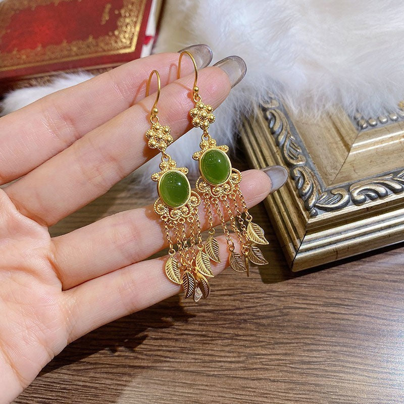 Temperamental Tassels Hetian Jade Feather Earrings