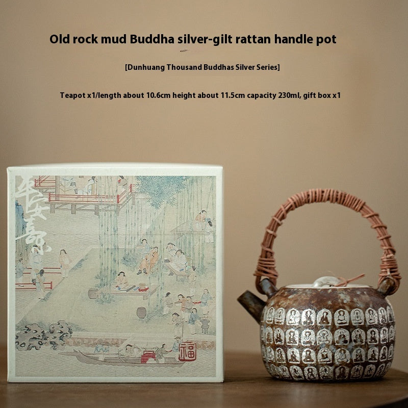 Dunhuang Buddha Old Rock Clay Silver Gilded Rattan Loop-handled Teapot