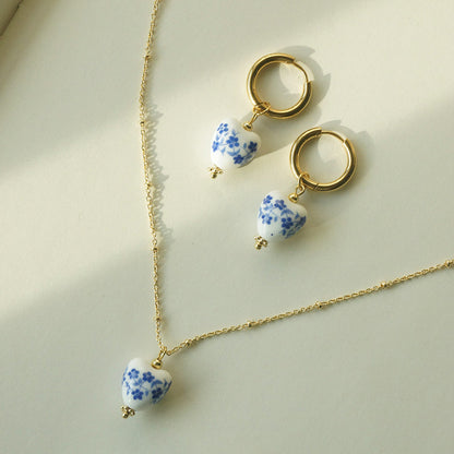 Chinese Style Heart-shaped Blue And White Porcelain Necklace Women's Elegant Wild Earrings