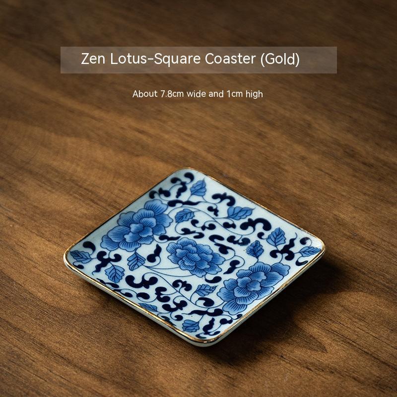 Coarse Pottery Gold Painting Retro Blue And White Coaster Household Insulation Mat