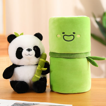 Simulated Bamboo Tube Flower Panda Pillow Doll